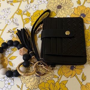 Black Quilted Wallet / Card Holder with a Tassel and Stretchy Beaded Bracelet